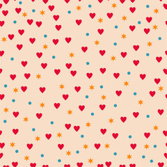 Seamless pattern with hearts, stars and confetti valentine vector illustration romantic print endless background for paper, textile, pack etc 