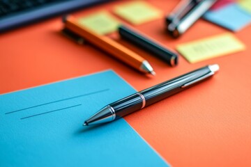 Orange Blue Desk Pens Notepad Sticky Notes Office Supplies