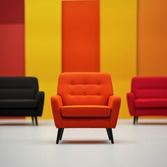 Fototapeta premium Vibrant Orange Armchair in Modern Minimalist Interior Design with Yellow and Red Walls
