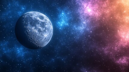 Fototapeta premium A cratered moon orbits within a vibrant nebula