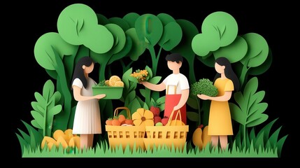 Fresh fruits and vegetables being shared outdoors.