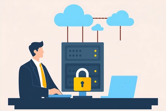 Cybersecurity Professional: A stylized illustration of a businessman working at his desk, overseeing a secured server connected to the cloud, symbolizing data protection and online security. 