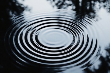 Concentric ripples spreading on dark water surface, tree reflections.