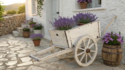 Decorative wheelbarrow with lavender plants on a stone path