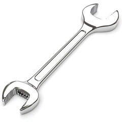 3D render of a shiny silver wrench on a white background