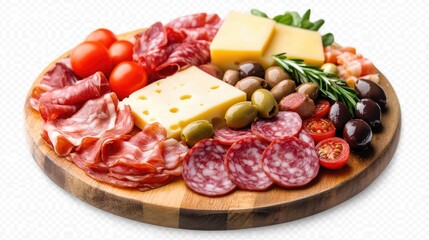 A vibrant assortment of Italian appetizers, including cheeses, cured meats, olives, tomatoes and salami, presented on a wooden board.