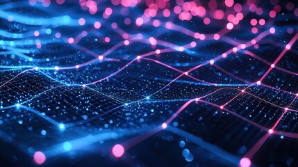 Obraz premium A digital neon grid pattern with glowing pink and blue lights on a dark background, emphasizing modernity. Futuristic, vibrant, electric, stylish.