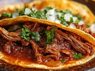 Shredded beef tacos with barbacoa sauce, cilantro and onions.
