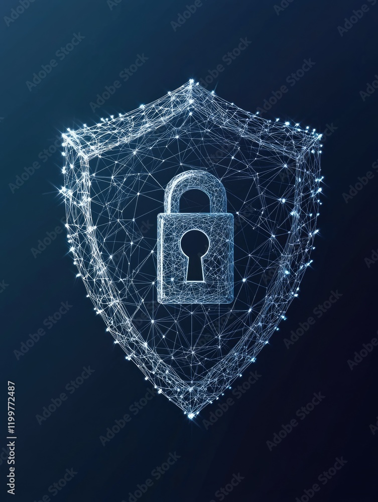 Poster illustration of digital security icons including a shield with unlocked padlock and chain links, sym
