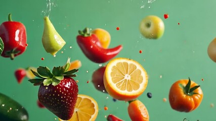 Big set falling vegetables and fruits on green screen