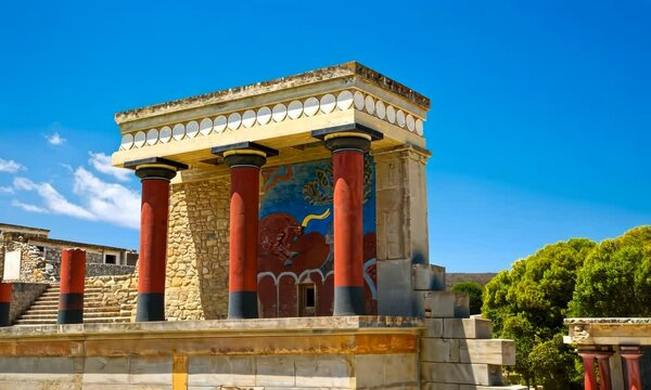 Ruins of Knossos palace in Crete, camera raised above the sight 