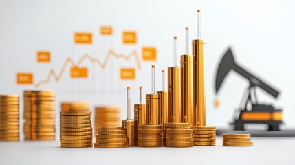 A visual representation of financial growth with stacked coins, a rising graph, and an oil rig symbolizing the energy sector's impact on the economy.