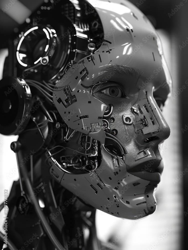 Poster the image features a robotic head with intricate circuitry and mechanical parts, embodying the cutti