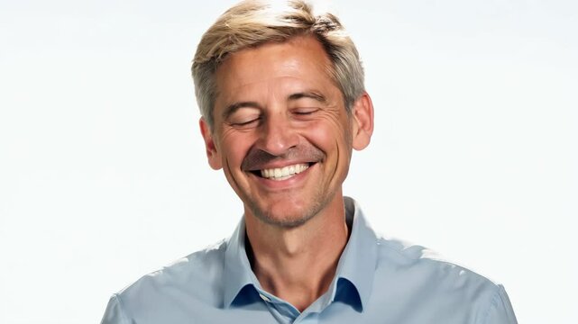A man with light hair smiles warmly while standing in a well-lit, bright environment. His cheerful demeanor radiates positivity and comfort