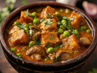 Tasty vegetable curry with mushrooms and peas, served in a traditional clay bowl.