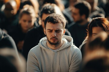 Fototapeta premium Man sitting with his arms crossed at a concert or public event, looking downward with deep thought.