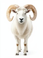 Majestic White Ram Portrait - A stunning portrait of a large white ram with impressive horns, standing against a clean white background.