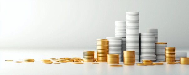 A collection of stacked coins in various heights, showcasing a mix of silver and gold currency against a clean, minimal background.
