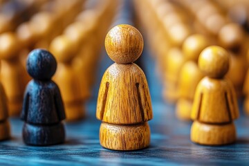 Individuality and Conformity: A single dark wooden figurine stands out amidst a sea of lighter wood figures, symbolizing the power of individuality and the challenge of conforming to the crowd. 