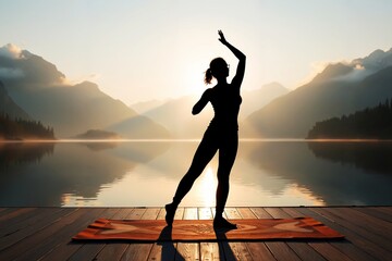 Der Schatten einer Person auf einer Yogamatte zeichnet sich vor einem stillen See im Sonnenaufgang ab, umgeben von nebelverhangenen Bergen. Das Bild symbolisiert Balance, Achtsamkeit und innere Stärke