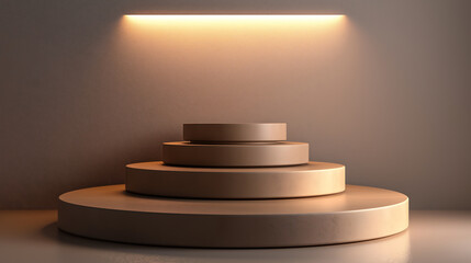 Fototapeta premium Minimalist beige podium design with ambient lighting.