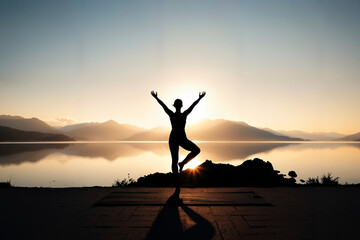 Fototapeta premium Der Schatten einer Person auf einer Yogamatte zeichnet sich vor einem stillen See im Sonnenaufgang ab, umgeben von nebelverhangenen Bergen. Das Bild symbolisiert Balance, Achtsamkeit und innere Stärke