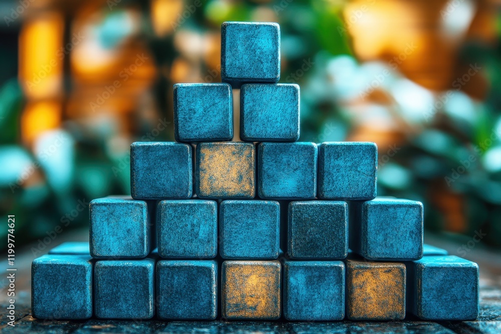 Poster blue block tower with golden element: a minimalist composition featuring a pyramid-shaped tower of b