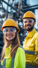 Two smiling industrial engineers wearing hardhat and goggles posing in front of a large industrial plant