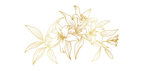 Golden lily flowers line art isolated on white background. Luxury lilies floral design elements for invitation, wedding, wallpaper, print template, vector illustration