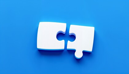 Obraz premium Two white puzzle pieces, separated, 3D effect, minimalist design, connection concept, problem-solving, symmetry, teamwork symbol,blue background.
