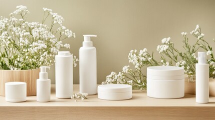 White cosmetic containers on wooden shelf with flowers.