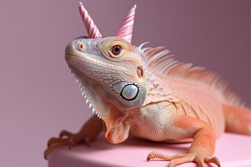 Fototapeta premium Iguana with unicorn horns posed against a pink background in a playful and whimsical setting