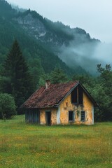 Obraz premium Chalet in a mountain valley with foggy surroundings.