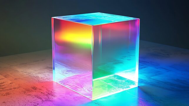 A cube made of clear glass with a rainbow of colors