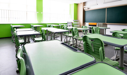 School classroom with desks and chairs