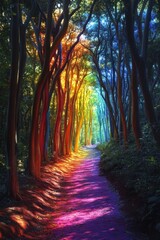 Rainbow trees line path, magical forest scene.