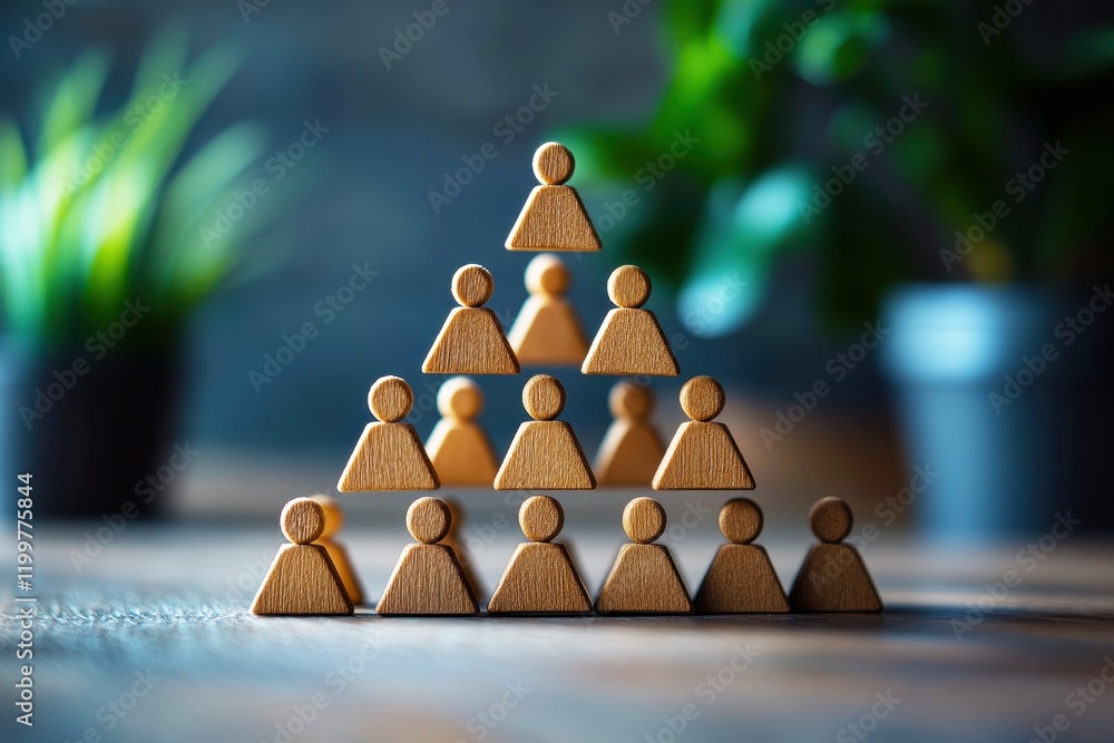 Aufkleber pyramid of success: a triangular formation of wooden figures symbolizing a hierarchical structure, a