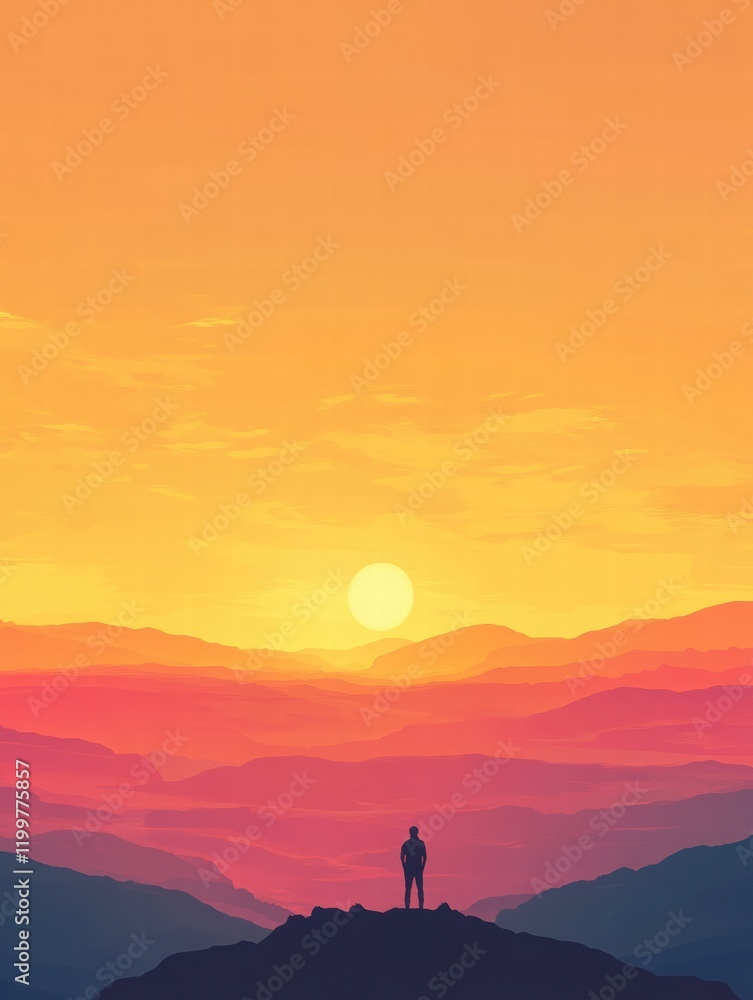 Poster traveler enjoys a breathtaking sunset view over a mountainous landscape during evening hours. genera