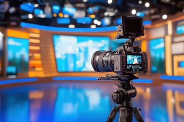 Studio Camera on Tripod in Modern News Set