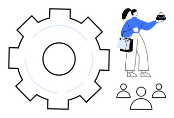 Woman holding shopping bag alongside large gear and group of people icons. Ideal for business, teamwork, organization, management, shopping, consumer behavior, mechanical processes. An abstract line
