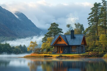 Fototapeta premium Secluded cabin, misty lake, majestic mountains.