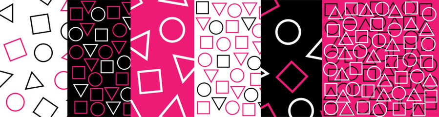 Geometric Seamless Pattern Collection: Circles, Squares, and Triangles in Black, White, and Pink Minimalist Design © Marek
