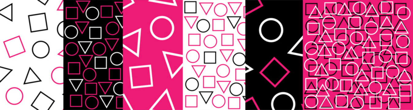Geometric Seamless Pattern Collection: Circles, Squares, and Triangles in Black, White, and Pink Minimalist Design