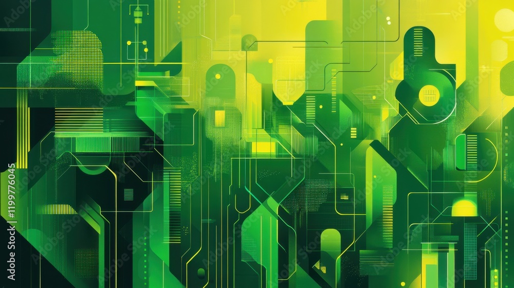 Poster abstract digital artwork featuring green geometric shapes and patterns with a futuristic vibe