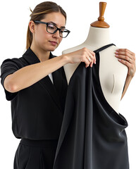A tailor is designing a dress on a mannequin in their workshop