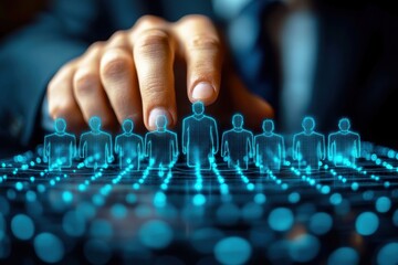 Strategic Human Resource Management: A hand interacts with a digital network of human icons, representing strategic workforce planning, talent acquisition, and team management.