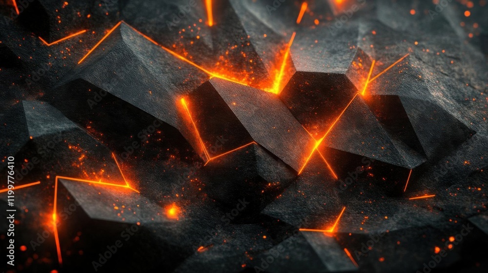 Poster a visually striking image of dark, jagged rocks interspersed with glowing orange lava-like elements,