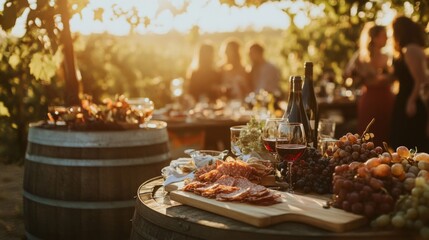 Fototapeta premium Salami, Grapes, and Wine on a Rustic Table at Sunset