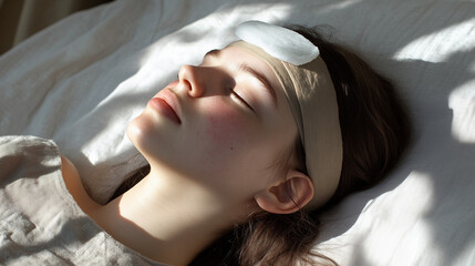 A woman lying in bed with a cold compress on her forehead, looking fatigued, with copy space. Subtle natural light.