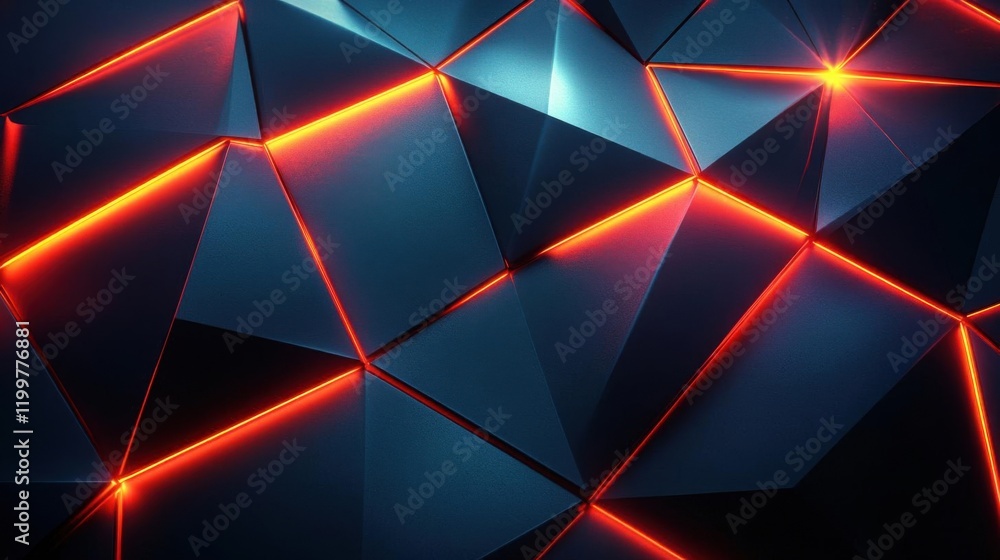 Poster a geometric pattern of dark, faceted surfaces illuminated by vibrant red lines, creating a striking,